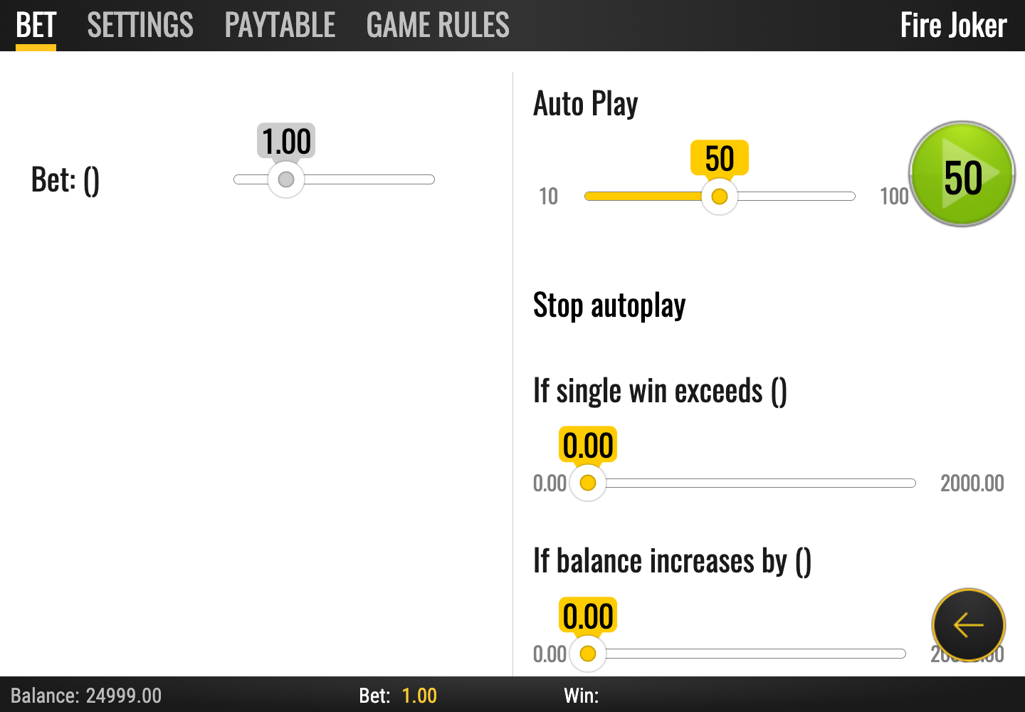 Fire Joker practice bet controls set to 1.00